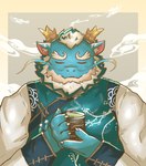 anthro asian_clothing beverage blue_body chinese_clothing clothing east_asian_clothing eyebrows eyes_closed hair horn male mature_male solo tea thick_eyebrows white_hair penda_lv1 lifewonders mythology tokyo_afterschool_summoners qinglong_(tas) dragon mythological_creature mythological_scalie scalie