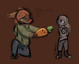 anthro blood bodily_fluids bottomwear carrot carrot_plushie claws clothed clothing denim denim_bottomwear denim_clothing duo fanfiction female floppy_ears food fur green_eyes grey_body grey_fur hair hoodie jeans kneeling male male/female notched_ear orange_body orange_fur pants paws plant plushie pupils purple_eyes shirt slit_pupils sweatpants tail tank_top text topwear vegetable hopefulsparks disney warm_bodies_(film) zootopia judy_hopps nick_wilde canid canine european_rabbit fox lagomorph leporid mammal oryctolagus rabbit red_fox true_fox undead zombie absurd_res colored colored_sketch digital_drawing_(artwork) digital_media_(artwork) english_text hi_res signature sketch