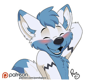 anthro arm_markings black_nose blue_body blue_fur blue_hair blue_inner_ear_fluff blush chest_tuft dipstick_ears ear_markings eyes_closed fur hair inner_ear_fluff logo male markings multicolored_ears nude open_mouth open_smile patreon_logo short_hair simple_background smile solo tuft white_background white_body white_fur young young_anthro young_male pandapaco patreon canid canine mammal artist_logo bust_portrait portrait signature