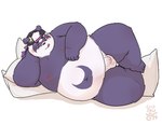 anthro balls belly big_belly black_nose blush clothing flaccid genitals hat headgear headwear kemono male nipples overweight overweight_male penis pillow purple_body simple_background solo tongue tongue_out white_background white_body awa_awa lifewonders tokyo_afterschool_summoners alp_(tas) bear giant_panda mammal 2024 hi_res