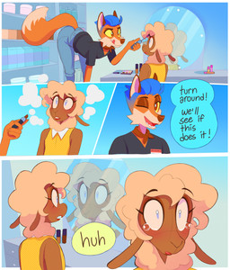 4_panel_comic 5_fingers anthro applying_makeup ascot bent_over black_clothing black_shirt black_text black_topwear blue_background blue_bottomwear blue_clothing blue_hair blue_pants blue_speech_bubble blush border bottomwear brown_body brown_ears brown_eyes brown_fur brown_nose cheek_tuft closed_smile clothed clothing crossdressing crossdressing_male denim denim_bottomwear denim_clothing detailed_background dialogue dipstick_tail dress duo eyebrows facial_tuft femboy fingers fur furgonomic_bottomwear furgonomics gender_euphoria gradient_background hair inside jeans licking licking_lips lipstick looking_at_another makeup male markings mascara mirror mouth_closed one_eye_closed open_mouth open_smile pants personal_grooming polka_dot_dress polka_dots raised_eyebrows red_ascot shelf shirt simple_background sitting smile speech_bubble standing tail tail_button_bottoms tail_clothing tail_markings tan_body tan_fur tan_hair teal_speech_bubble teary_eyes text tongue tongue_out topwear tuft v-neck white_border wide_eyed wink winking_at_another yellow_clothing yellow_dress yellow_sclera yellow_speech_bubble heresvix connor_(heresvix) dani_(heresvix) bovid canid canine caprine fox mammal sheep 2026 comic english_text hi_res trans_(lore) trans_man_(lore)