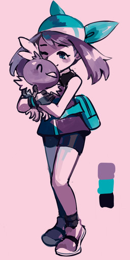 ambiguous_gender back_bag beak biped blue_eyes bottomwear clothed clothing color_swatch duo eyebrows eyelashes eyes_closed feet female feral fingers footwear hair holding_another one_eye_closed pupils shoes shorts simple_background standing talons toes white_sclera flavia-elric nintendo pokemon may_(pokemon) avian generation_3_pokemon human mammal pokemon_(species) torchic 2025 hi_res restricted_palette