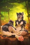 animal_genitalia anthro balls balls_on_tail claws fangs forest genitals looking_at_viewer male nude open_mouth outside pawpads paws plant sheath sitting smile solo tail teeth toe_claws tree yookie canid canine canis jackal mammal digital_media_(artwork) hi_res