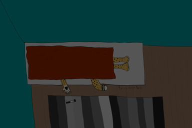 anthro bed bedding blanket carpet dark_room death feet female fur furniture injector lying on_back solo spots suicide tail yellow_body yellow_fur ari-cheetah ari_(ari-cheetah) cheetah felid feline mammal 3:2 hi_res