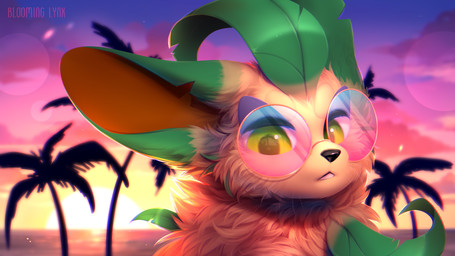 ambiguous_gender black_nose cheek_tuft cloud eyewear facial_tuft feral fur glasses green_ears green_eyes looking_at_viewer neck_tuft orange_body orange_fur orange_inner_ear outside palm_tree plant sky solo sunset text tree tuft whiskers bloominglynx nintendo pokemon lugia_(lu91a) eeveelution generation_4_pokemon leafeon pokemon_(species) artist_name hi_res