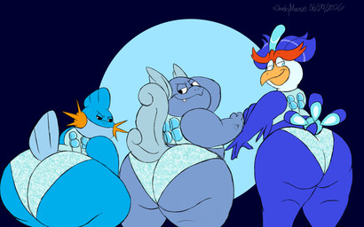 anthro beak big_butt black_eyes black_sclera blue_body blue_clothing blue_eyes blue_fur blue_hair butt butt_focus cheek_spikes clothed clothing crop_top crouching curled_tail facial_spikes fangs feather_ear feathers fin fur geometric_background group hair head_fin logo_on_clothing looking_at_viewer male midriff multicolored_body narrowed_eyes obese obese_anthro orange_cheeks overweight overweight_anthro panties peacock_feather presenting presenting_hindquarters rear_view red_body red_feathers shirt simple_background simple_eyes size_difference skimpy sparkles sparkling_clothing spikes spikes_(anatomy) tail tail_fin tattoo teeth text thick_thighs topwear triforce trio underwear white_eyes white_sclera wide_hips yellow_beak chonkymouse nintendo pokemon the_legend_of_zelda generation_1_pokemon generation_3_pokemon generation_9_pokemon mudkip pokemon_(species) quaquaval wartortle 2026 absurd_res colored_sketch dated digital_drawing_(artwork) digital_media_(artwork) english_description english_text flat_colors hi_res signature sketch watermark