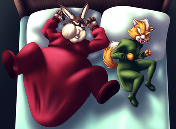 anthro baby_bodysuit clothed clothing diaper diaper_under_clothing duo feces male onesie pooping sleep_pooping sleeping soiled_diaper soiling soiling_diaper unclean_diaper used_diaper wearing_diaper mathewmii nintendo star_fox fox_mccloud peppy_hare canid canine fox lagomorph leporid mammal rabbit hi_res