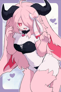 ahoge anthro big_ears black_bra black_clothing black_panties black_underwear blush bow_(feature) bra breasts cat_smile claw_pose clothing collar fangs female female_anthro fur fur_tuft hair heart_symbol horn lingerie long_hair medium_breasts multicolored_body multicolored_fur open_mouth panties pink_eyes pink_hair pose standing string_panties teeth tuft two_tone_body two_tone_fur underwear spommmm canid canine mammal therianthrope hi_res