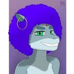 afro anthro bindi countershading ear_piercing ear_ring female green_eyes grey_body hair logo looking_at_viewer multicolored_body piercing purple_hair ring_piercing smile smiling_at_viewer solo two_tone_body hapromeen fish marine shark 1:1 artist_logo artist_name bust_portrait dated portrait