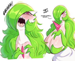 2_fingers big_breasts blush breasts chest_spike eyelashes female fingers green_body green_hair hair hair_over_eye huge_breasts long_hair not_furry open_mouth pink_eyes sharp_teeth sniffing solo spikes spikes_(anatomy) teeth tongue white_body saltyxodium nintendo pokemon gardevoir generation_3_pokemon pokemon_(species) 2026 hi_res
