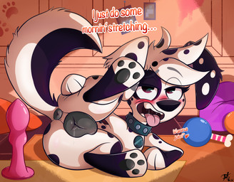 animal_genitalia animal_vulva anus bedroom_eyes blush bodily_fluids butt canine_genitalia canine_vulva collar collar_only collar_tag detailed_background dildo dripping ellipsis fangs feet female female_feral feral genital_fluids genitals inside inviting looking_at_viewer lying narrowed_eyes nude on_side pawpads paws presenting presenting_hindquarters presenting_vulva puffy_anus saliva saliva_string seductive sex_toy soles solo spread_legs spreading stretching talking_to_viewer teeth text tongue tongue_out toony vaginal_fluid_drip vaginal_fluids vulva year pkbr4insh0ck_(artist) 101_dalmatian_street 101_dalmatians disney fan_character canid canine canis dalmatian domestic_dog mammal 2024 absurd_res dated english_text hi_res signature