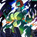 5_fingers angry anthro big_breasts biped breasts brown_hair building building_censorship building_destruction city city_destruction claws convenient_censorship destruction female finger_claws fingers glowing glowing_eyes glowing_mouth green_body green_scales hair huge_breasts long_tail macro night outside scales smoke solo spines standing tail text thick_thighs artbom kaiju 1:1 2023 absurd_res artist_name digital_drawing_(artwork) digital_media_(artwork) hi_res