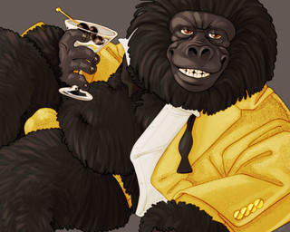 alcohol anthro belly beverage black_body black_fur black_skin black_tie_(suit) bow_tie brown_eyes clothing cocktail drinking flirting fur long_fur lying machine male margarita profanity reclining simple_background slightly_chubby slightly_chubby_male smile solo speedo suit swimwear text undressing ravuer showbiz_pizza_place fatz_geronimo_(character) animatronic ape gorilla haplorhine mammal primate robot 5:4 absurd_res english_text hi_res