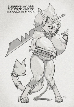 anthro big_breasts bottomwear breasts chain claws clothing collar female hair half_naked huge_breasts hyper hyper_breasts loincloth melee_weapon nipples open_mouth ponytail solo sword tail text weapon diagamon felid feline mammal