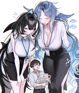ahoge big_breasts black_hair black_sclera blue_hair blush breasts cleavage clothed clothing female hair highlights_(coloring) huge_breasts identification lanyard larger_female long_hair male multicolored_hair office_clothing pupils simple_background size_difference smaller_male solo tail text thick_thighs white_highlights white_pupils wide_hips 7h4ze animal_humanoid aquatic aquatic_humanoid baleen_whale baleen_whale_humanoid blue_whale blue_whale_humanoid cetacean cetacean_humanoid dolphin human humanoid mammal oceanic_dolphin orca orca_humanoid toothed_whale whale whale_humanoid absurd_res hi_res signature
