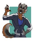 anthro clothed clothing fully_clothed jacket looking_at_viewer male multicolored_body muscular shirt smile solo topwear undershirt kingdomblade canid canine fox mammal absurd_res hi_res