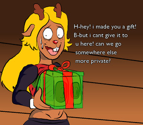 anthro areola big_areola bodily_fluids breasts breasts_in_a_box clothed clothing dialogue female looking_away nervous nipples no_bra solo sweat text x-ray_view wharneja deltarune undertale_(series) noelle_holiday deer mammal english_text