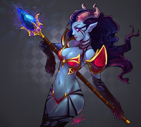 2013 akasha_the_queen_of_pain armor armwear black_hair blue_body blue_skin breasts cleavage clothed clothing demon demon_humanoid dota ear_piercing elbow_gloves female glistening gloves glowing gradient_background grey_background hair handwear holding_object horn horned_humanoid humanoid humanoid_pointy_ears liea lips long_hair looking_at_viewer magic markings melee_weapon navel not_furry pattern_background piercing polearm pose red_eyes red_lips seductive simple_background skimpy smile solo staff standing textured_background video_games weapon