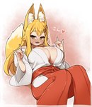 5_fingers asian_clothing bedroom_eyes big_breasts biped blonde_hair blush bottomwear breasts cleavage clothed clothing dipstick_tail east_asian_clothing eyelashes female fingers fluffy fluffy_tail fox_shadow_puppet front_view full_cleavage fur gesture glistening glistening_body glistening_breasts glistening_skin hair hakama heart_after_text heart_symbol huge_breasts humanoid_hands inner_boob inner_ear_fluff japanese_clothing light_body light_skin long_hair looking_at_viewer markings miko_outfit monotone_hair multicolored_body multicolored_fur multicolored_tail narrowed_eyes off_shoulder open_clothing open_mouth open_smile open_topwear partially_clothed pink_background pupils red_bottomwear red_clothing red_hakama seductive shrine_maiden simple_background sitting smile solo tail tail_markings text three-quarter_view topwear tuft two_tone_body two_tone_fur two_tone_tail vocalization white_body white_clothing white_fur white_haori white_inner_ear_fluff white_tail white_tail_tip white_topwear yellow_body yellow_ears yellow_eyes yellow_fur yellow_inner_ear yellow_tail ichika animal_humanoid canid canid_humanoid canine canine_humanoid fox_humanoid humanoid mammal mammal_humanoid 2022 colored digital_media_(artwork) hi_res japanese_text portrait shaded three-quarter_portrait translated