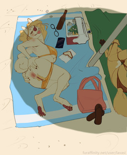 anthro anus bag beach beverage bikini bikini_bottom bikini_bottom_down bikini_top blush bottle breasts butt cellphone clitoral_hood clitoris clothed clothing container duo electronics eyes_closed feet female fingers food fur genitals hair hairy_vulva hand_on_butt lying nude on_side outside partially_clothed pawpads phone presenting presenting_anus presenting_hindquarters presenting_vulva sand sandwich_(food) sitting smartphone smile spread_butt spreading swimwear tail toes tongue towel two-piece_swimsuit umbrella vulva lavasi bird_dog canid canine canis domestic_dog fox golden_retriever hunting_dog mammal retriever shiba_inu spitz digital_media_(artwork) hi_res