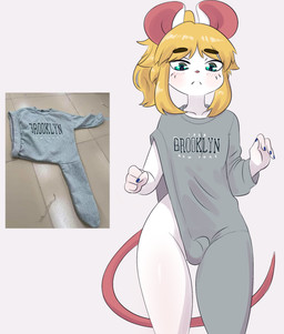 4_fingers anthro blonde_hair blush bulge clothing femboy fingers fist front_view frown fur green_eyes hair half-closed_eyes looking_down male narrowed_eyes pink_body pink_inner_ear pink_nose pupils solo thick_thighs white_body white_fur wide_hips mr-shin brooklyn_sweater meme_clothing marvin_(mr-shin) mammal mouse murid murine rodent 2025 hi_res meme reference_image