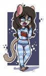 anthro blue_eyes book brown_body brown_fur brown_hair buckteeth clothed clothing eyewear female fur glasses hair holding_object open_mouth pajama_pants pajama_shirt simple_background solo standing teeth text tired whiskers yawn aggie_(artist) miri_(aggie) dormouse edible_dormouse mammal rodent 2018 digital_media_(artwork) english_text