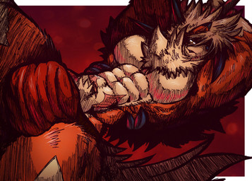 abs anthro big_bulge big_muscles big_pecs biped black_ear_tips black_hair black_markings bodily_fluids bottomwear bulge clothed clothing countershade_fur countershade_torso countershading crouching dancing dipstick_ears dog_tags dusk ear_markings facial_markings fluffy fluffy_tail front_view fur glistening glistening_eyes grin hair hand_behind_head head_markings huge_bulge kneeling looking_at_viewer male male_anthro manly markings multicolored_body multicolored_ears multicolored_fur multicolored_hair muscular muscular_anthro muscular_male muscular_thighs narrowed_eyes navel neck_tuft obliques one_eye_obstructed open_mouth orange_bottomwear orange_clothing orange_underwear pecs pole pole_dancing pose scar sharp_teeth simple_background smile solo spiky_hair tail tan_body teeth text thick_arms tight_clothing topless topwear tuft twilight two_tone_body two_tone_fur underwear white_body white_fur white_hair yellow_body yellow_eyes yellow_fur jwbash nintendo pokemon kyoto_rex canid canine dusk_lycanroc generation_7_pokemon lycanroc mammal pokemon_(species) 2026 absurd_res hatching_(art) hi_res pinup portrait shaded watermark