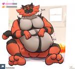 anthro belly big_belly black_body black_fur blep bodily_noises different_sound_effects digestion fire fur gameplay_mechanics glorp green_eyes grey_body grey_fur gui health_bar inside male male_pred muscular onomatopoeia pecs red_body red_fur rumbling_stomach semi-anthro sitting solo sound_effects text tongue tongue_out vore vowelless vowelless_sound_effect yellow_eyes tanio nintendo pokemon felid feline generation_7_pokemon incineroar mammal pokemon_(species)