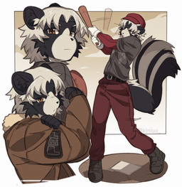 5_fingers anthro baseball baseball_(sport) baseball_bat baseball_cap baseball_gloves baseball_uniform bat_(object) belt black_body black_clothing black_ears black_footwear black_fur black_nose bomber_jacket boots bottomwear brown_clothing brown_eyes brown_jacket brown_topwear cheek_tuft clothed clothed_male clothing facial_tuft fingers flexing footwear fully_clothed fur gloves grey_clothing hair handwear hat headgear headwear holding_object inner_ear_fluff jacket looking_at_viewer male male_anthro multicolored_body multicolored_fur multiple_poses pants pose red_bottomwear red_clothing red_headwear red_pants shirt shoes solo sport sportswear tail text topwear tuft two_tone_body two_tone_fur uniform white_body white_clothing white_facial_markings white_fur white_gloves white_hair white_handwear kiniuu mammal mephitid skunk artist_name digital_media_(artwork) hi_res watermark