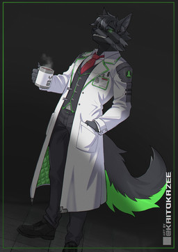 anthro black_clothing black_footwear black_nose black_shoes border bottomwear clothed clothed_anthro clothing coat container countershade_tail countershading cup fangs footwear fully_clothed fully_clothed_anthro fur green_body green_fur grey_body grey_bottomwear grey_clothing grey_ears grey_fur grey_hair grey_pants grey_topwear grey_vest hair hand_in_pocket holding_container holding_cup holding_mug holding_object identification inner_ear_fluff lab_coat looking_at_viewer male male_anthro mug multicolored_body multicolored_fur necktie pants pockets red_necktie shirt shoes solo steam tail teeth text three-quarter_view toothy_grin topwear tuft two_tone_body two_tone_fur two_tone_tail vest white_clothing white_shirt white_topwear kaitokaze canid canine canis mammal wolf 2025 absurd_res artist_name digital_drawing_(artwork) digital_media_(artwork) full-length_portrait hi_res portrait shaded