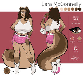 anthro big_breasts boots bottomwear bracelet breasts brown_body brown_eyes brown_fur brown_hair brown_lips clothing color_swatch ear_piercing female footwear fur hair hand_on_hip hand_on_leg hand_on_thigh high_heeled_boots high_heels huge_breasts jewelry lips looking_aside navel navel_piercing piercing ring_piercing shirt shoes skirt solo tail tank_top text topwear nightargen lara_mcconnelly american_mink mammal mink mustelid musteline neovison true_musteline hi_res model_sheet