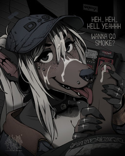 after_oral alternative_fashion ambiguous_gender ambiguous_on_anthro anthro baseball_cap big_penis bodily_fluids breasts clothed clothed_anthro clothed_female clothing collar cum cum_on_face detailed_background dialogue duo ear_piercing erection eyeshadow facial_piercing female female_anthro first_person_view foreskin freckled_face freckles genital_fluids genitals hat headgear headwear humanoid_genitalia humanoid_penis licking looking_at_viewer makeup male male/female male_pov mature_anthro mature_female nose_piercing nose_ring oral penile penis penis_grab penis_lick piercing pose ring_piercing sex smile spiked_collar spikes talking_to_viewer text tongue galhound ambiguous_species canid canine canis domestic_dog mammal artist_name colored detailed digital_drawing_(artwork) digital_media_(artwork) english_text hi_res shaded signature