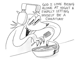 anthro bowl container cutlery dialogue electronics female food fork headphones holding_object kitchen_utensils solo text tools twistcmyk english_text hi_res monochrome