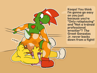 anthro arm_warmers armwear blush clothing diaper duo erection erection_in_diaper facesitting fighting_ring latex leg_warmers legwear male male/male sitting_on_another text wrestling moopleplush mario_bros mythology nintendo paper_mario paper_mario:_the_thousand_year_door koops the_great_gonzales_jr dinosaur dragon green_yoshi koopa koopa_troopa mythological_creature mythological_scalie prehistoric_species reptile scalie turtle yoshi english_text hi_res