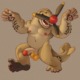 aircraft airplane anthro balls dark_soles feet foreskin genitals glans half-erect humanoid_feet khaki_body machine male mature_male military musclegut muscular muscular_male nipples non-mammal_balls non-mammal_nipples not_furry pecs penis plantigrade propeller red_glans red_nipples red_nose retracted_foreskin sharp_teeth silly solo teeth vehicle yellow_balls ravuer aeromorph living_aircraft living_machine living_vehicle 1:1 hi_res