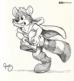 anthro bared_teeth cape cheek_tuft clothed clothing facial_tuft footwear glistening glistening_eyes glistening_nose head_tuft logo male markings shoes solo striped_markings striped_tail stripes tail tail_markings teeth tuft young young_anthro young_male pandapaco mammal procyonid raccoon artist_logo monochrome signature