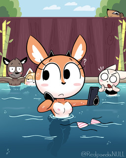 anthro bikini bikini_top blush breasts cellphone clothed clothing electronics exposed_breasts female group male nipples open_mouth outside phone question_mark smartphone swimming_pool swimwear topless two-piece_swimsuit wardrobe_malfunction redpandanull aggretsuko sanrio chief_komiya fenneko haida_(aggretsuko) retsuko tsunoda_(aggretsuko) ailurid antelope bovid canid canine fennec_fox fox herpestid hyena mammal meerkat red_panda true_fox 4:5 hi_res