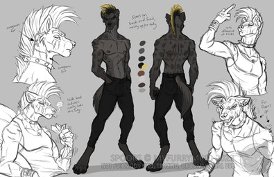 4_toes 5_fingers angry anthro athletic athletic_anthro athletic_male barefoot black_hair black_nose blonde_highlights bottomwear butt chin_piercing cigarette cigarette_in_mouth clenched_teeth clothed clothing collar ear_piercing ear_ring feet fingers front_view fur gesture grey_body grey_fur hair hand_gesture highlights_(coloring) hindpaw humanoid_hands male markings middle_finger mohawk navel nipples object_in_mouth pants paws piercing rear_view ring_piercing scar scars_all_over shirt solo spiked_collar spikes spots spotted_body spotted_fur standing tail tank_top teeth text toes topless topless_anthro topless_male topwear myfurrymind zeke_(myfurrymind) hyena mammal spotted_hyena 2023 english_text hi_res model_sheet watermark