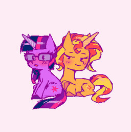 blush duo eyewear female feral glasses horn lying on_front simple_background sitting smile smirk frank3dz equestria_girls friendship_is_magic hasbro my_little_pony mythology sunset_shimmer_(eg) twilight_sparkle_(mlp) equid equine mammal mythological_creature mythological_equine unicorn animated low_res