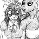 1:1 american_opossum anthro big_breasts blush bodily_fluids breasts cleavage clothed clothing dialogue drooling duo english_text eyewear female female/female glasses greyscale hair hi_res hladilnik janice_(hladilnik) lagomorph leporid mammal marsupial marylin_(hladilnik) monochrome nipple_outline open_mouth rabbit saliva smile suggestive text