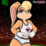 anthro athletic_wear audience big_breasts blonde_hair bra breasts buckteeth clothed clothing crowd female flashing flashing_breasts group hair large_group looking_at_viewer solo_focus sports_bra teeth underwear twistedgrim looney_tunes warner_brothers lola_bunny lagomorph leporid mammal rabbit 1:1 2d_animation animated frame_by_frame short_playtime