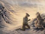 anthro black_body black_fur blind claws clothing cloud coat detailed_fur disability duo fluffy fluffy_tail fur kneeling male male/male markings mountain outside running sky snow snowscape tail topwear white_body white_fur winter rukis puquanah ransom canid canine canis mammal wolf 2015 concept_art detailed