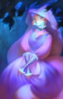 alternative_fashion anthro black_nose brown_eyes cheek_tuft classic_lolita clothed clothing cowl dress eyelashes facial_tuft female forest fully_clothed fur gloves handwear hood j-fashion lolita_(fashion) multicolored_body multicolored_fur outside plant purple_clothing purple_dress raining smile solo tan_body tan_fur text tree tuft two_tone_body two_tone_fur white_body white_fur sabara disney robin_hood_(disney) maid_marian canid canine fox mammal 2026 artist_name hi_res signature