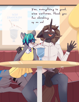 anthro beverage bodily_fluids cafe clothed clothing crossdressing crossdressing_male cum dialogue drinking duo erection female gay_in_front_of_girls genital_fluids genitals hair male male/male masturbation milkshake offscreen_character penis public public_sex sex simple_background smile stealth_sex tail text topwear chapaevv hasbro my_little_pony fan_character flat_white_(coffee) val_(oc) absurd_res digital_media_(artwork) english_text hi_res
