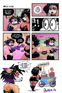 alternative_fashion annoyed anthro black_boots black_clothing black_eyeshadow black_footwear black_hair black_speech_bubble boots bottomwear breasts brown_body brown_fur butt cleavage clothed clothing corndog corset curly_hair dialogue distracted ear_piercing exclamation_point eyeshadow female fishnet_clothing fishnet_legwear flapping_head_wings flirting floppy_ears food food_stand footwear fur goth gradient_hair group hair head_wings horn industrial_piercing industrial_piercing_ladder legwear lingerie makeup male midriff miniskirt multicolored_hair navel orange_body orange_fur piercing purple_body purple_eyes purple_eyeshadow purple_fur purple_hair red_eyes running shoes skirt text topwear trio tube_top two_tone_hair unusual_wing_placement wings boker laura_derose lilith_(boker) bat-eared_fox bovid canid canine canis caprine domestic_dog fox goat mammal 2:3 artist_name comic english_text signature