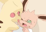 2018 bodily_fluids brown_body eevee face_lick generation_1_pokemon get_it_go green_eyes licking neck_tuft nintendo one_eye_closed open_mouth pawpads pikachu pokemon pokemon_(species) red_cheeks red_sclera sweat sweatdrop tears tongue tongue_out tuft yellow_body