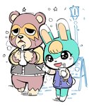 3_toes anthro barefoot beverage biped black_nose blue_body bottomless brown_body clothed clothing duo feet outside sweater toes topwear oposa animal_crossing nintendo ike_(animal_crossing) sasha_(animal_crossing) bear lagomorph leporid mammal rabbit 2021 absurd_res hi_res