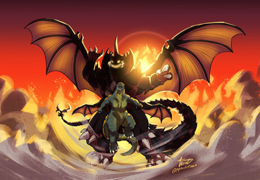 3_fingers anthro claws duo exoskeleton feral fingers frill_(anatomy) glowing glowing_eyes horn male membrane_(anatomy) simple_background size_difference smile spikes spines tail teeth toe_claws wings pyrasterran godzilla_(series) image_comics invincible_(image_comics) toho destoroyah minilla arthropod crustacean kaiju monster scalie hi_res