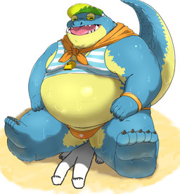 ambiguous_gender anthro belly big_belly blue_body blue_scales clothing duo facesitting feet fupa hat headgear headwear larger_male male male/ambiguous overweight overweight_anthro overweight_male scales sitting_on_another size_difference smaller_ambiguous soles speedo swimwear visor_cap anhrmgzo lifewonders tokyo_afterschool_summoners makara_(tas) crocodile crocodilian reptile scalie hi_res