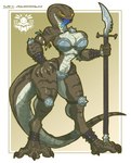 2020 absurd_res anthro armor athletic athletic_anthro athletic_female bangboodoragon big_breasts bikini_armor blue_tongue breasts butt clothed clothing female hand_on_hip hi_res lizard looking_at_viewer monster_girl_challenge non-mammal_breasts reptile scalie simple_background skimpy solo tongue tongue_out unconvincing_armor warrior weapon yellow_sclera